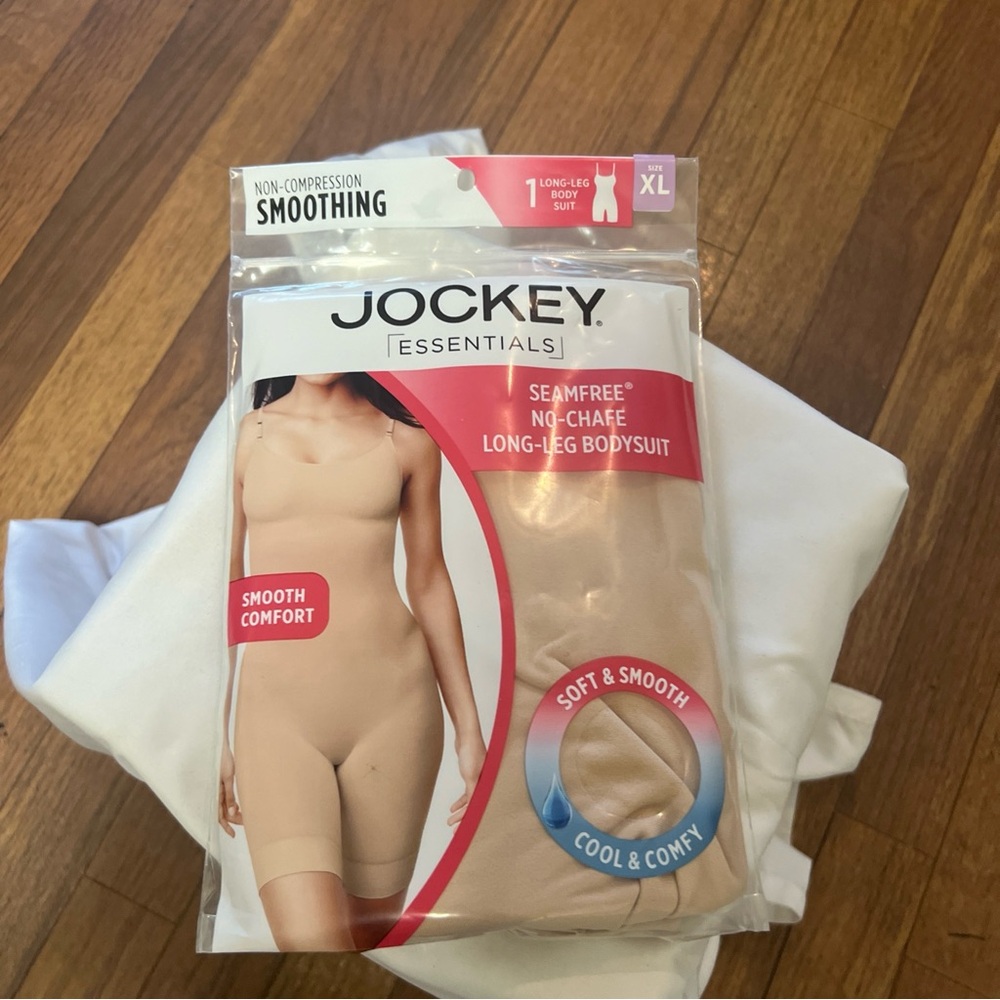 New Jockey Essentials Seamfree No-Chafe Long-Leg Bodysuit Shapewear Beige Sz XL
